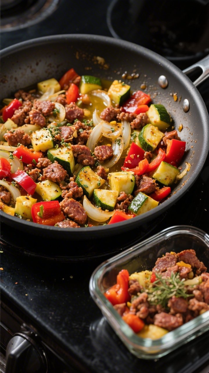 Overhead ingredient-to-finish transition in one skillet: browned crumbles of breakfast sausage mingling with diced yellow onion, red bell pepper, and zucchini cubes, all sautéed in olive oil; Italian seasoning sprinkled over, edges of zucchini caramelized, peppers vibrant red, onions translucent with golden bits; cooked-for-the-week vibe shown by a portion scooped into a glass meal-prep container beside the pan; dark stovetop background, high contrast to emphasize color and hearty textures.
