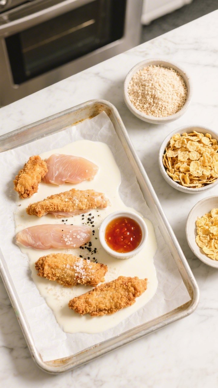 Overhead ingredient-to-oven layout for buttermilk oven-fried chicken tenders: raw chicken strips marinating in buttermilk with a dash of hot sauce, kosher salt, and black pepper on one side; a breading station on the other with panko breadcrumbs and crushed cornflakes in shallow bowls. A parchment-lined baking sheet ready for dredged tenders, a small ramekin of hot honey dip in frame, bright, clean kitchen light.