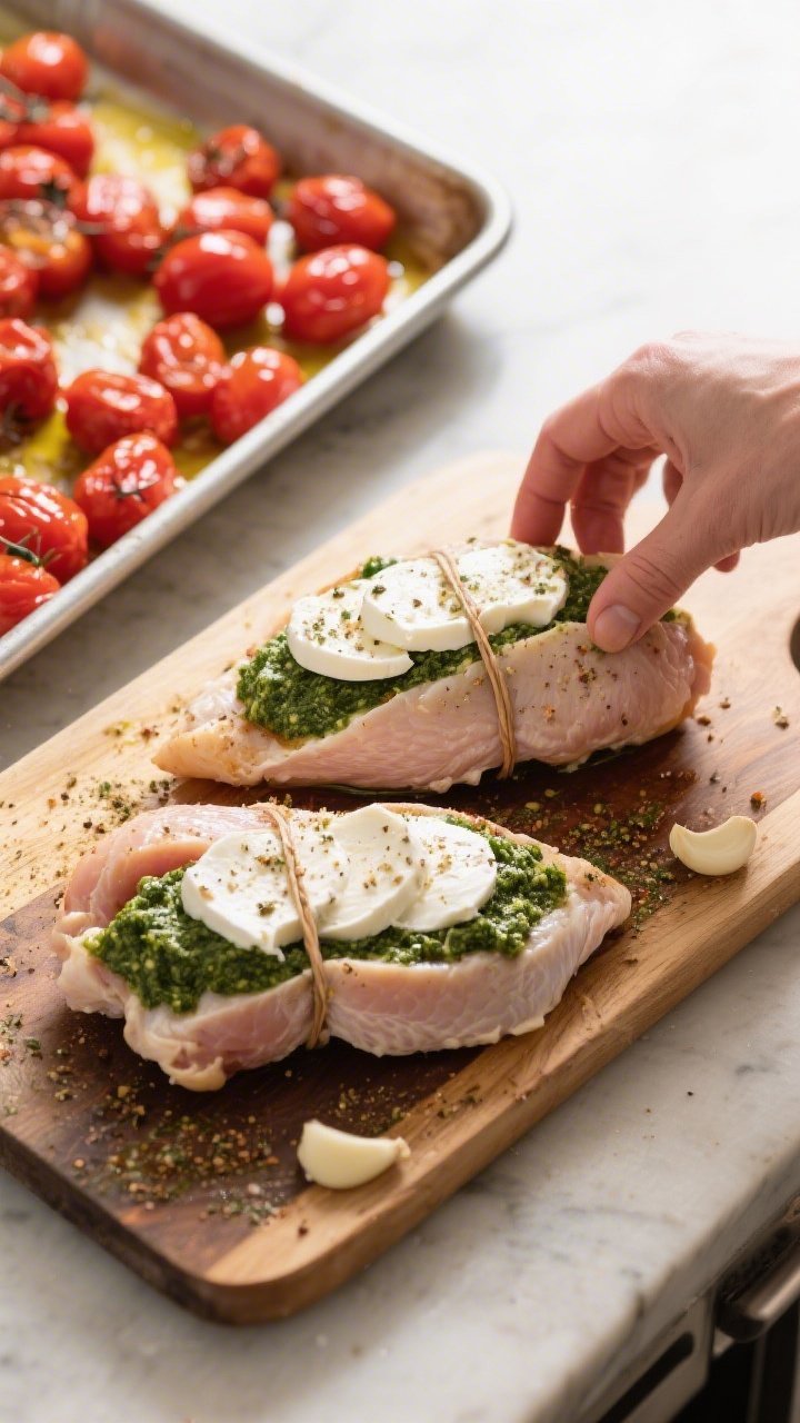 Overhead ingredient-to-oven narrative: open chicken breasts on a board being stuffed with basil pesto and slices of fresh mozzarella, then tied and dusted with Italian seasoning and a pinch of garlic powder; a rimmed sheet pan nearby with glistening cherry tomatoes ready for roasting, lightly coated in olive oil. Vibrant greens, whites, and reds; clean mise en place, professional kitchen vibe, neutral background.