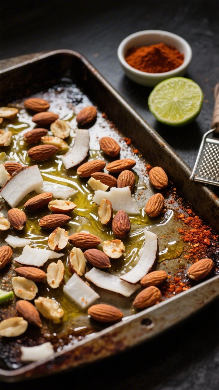 Overhead ingredient-to-oven scene for chili-lime roasted almonds with toasted coconut: raw almonds and large unsweetened coconut flakes tossed on a rimmed baking sheet glistening with avocado oil; small bowls of chili powder, ground cumin, and a pinch of cayenne arranged nearby; a halved lime and microplane to hint at zest; pre-roast state with some seasoning already dusted, warm moody lighting, dark sheet pan patina, tight composition emphasizing textures and spice colors.