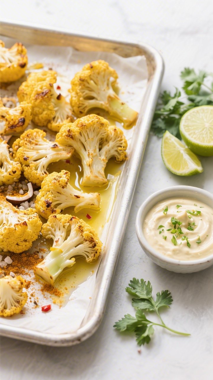 Overhead ingredient-to-oven scene for Curry-Roasted Cauliflower With Coconut Lime Chutney: raw florets tossed on a parchment-lined tray in melted coconut oil, stained yellow with curry powder and turmeric, speckled with ground coriander, kosher salt, and a pinch of red pepper. To the side, a small bowl of creamy coconut-lime chutney with lime zest on top, lime halves and cilantro sprigs nearby. Clean, bright light, vibrant golden hues, ready-to-roast mood.