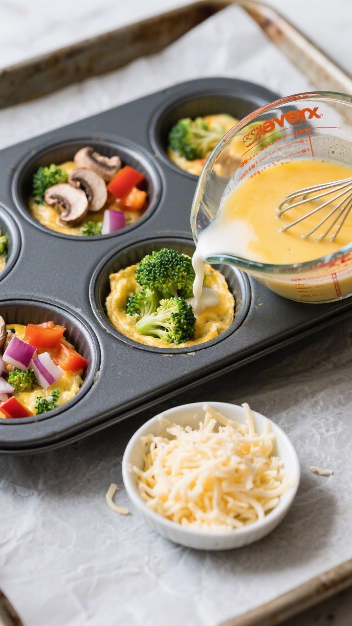 Overhead ingredient-to-oven storyboard for make-ahead freezer veggie frittata muffins: whisked mixture of 8 eggs and 1/4 cup milk in a glass measuring cup, ready to pour over chopped broccoli florets, diced bell pepper, chopped mushrooms, and diced red onion arranged in a nonstick muffin tin; a small bowl of shredded light cheese to sprinkle; parchment-lined baking sheet beneath; bright, even light, clean mise en place, vivid veggie colors against dark tin.
