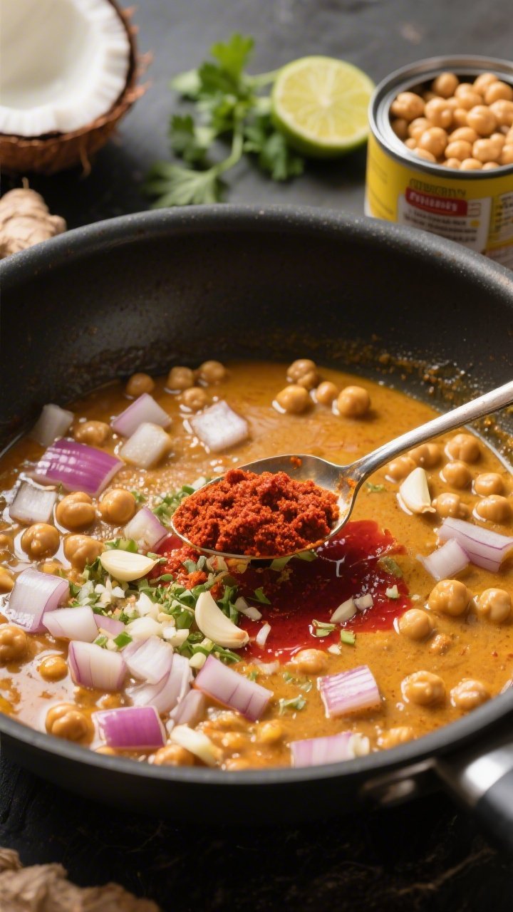Overhead ingredient-to-pan transition for chickpea coconut curry: a deep skillet with coconut oil shimmering, diced onions softening with minced garlic and freshly grated ginger, a spoonful of red curry paste blooming in the center; cans of chickpeas and coconut milk nearby, lime wedge and cilantro ready for garnish; warm, saturated tones emphasizing the turmeric-red hue, minimal props, pantry-friendly mood.