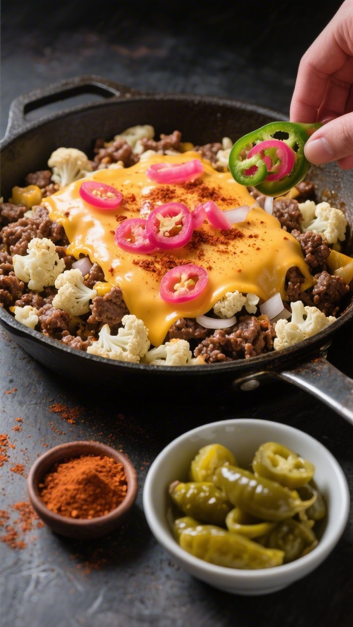 Overhead ingredient-to-pan transition for loaded cauliflower and beef skillet: browned 85–90% lean ground beef with diced yellow onion and minced garlic, riced cauliflower folded in, dusted with chili powder, smoked paprika, and ground cumin; melted cheddar pooled on top with a scatter of neon-pink pickled jalapeños; styled in a wide stainless skillet with a bowl of extra pickled jalapeños and a ramekin of spice blend nearby, high-contrast lighting to emphasize textures.