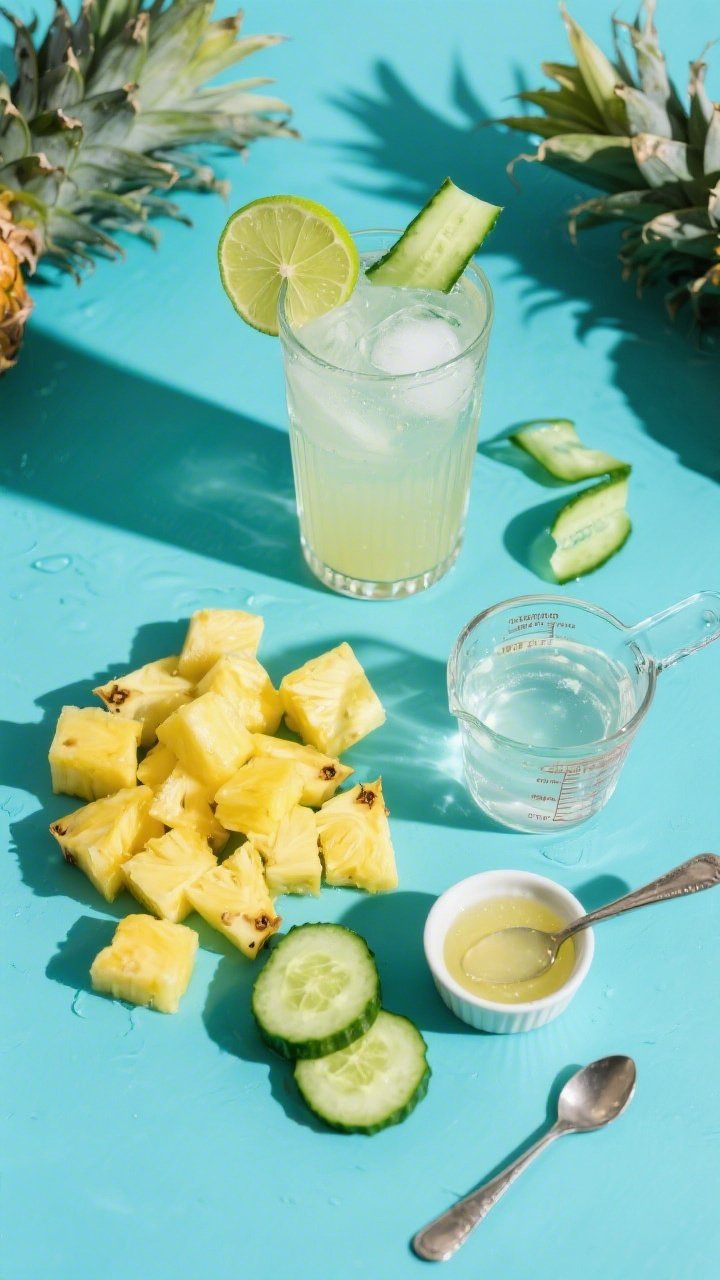 Overhead ingredients flat lay for a pineapple-cucumber debloat refresher: neat piles of fresh pineapple chunks (juicy yellow), roughly chopped half cucumber (peeled if waxed, cool green), a measuring cup of cold water or coconut water, and a teaspoon of fresh lime juice in a tiny ramekin; a highball glass with ice ready to be filled; lime wedge and cucumber ribbons for garnish; bright tropical palette, crisp shadows, hydration theme.