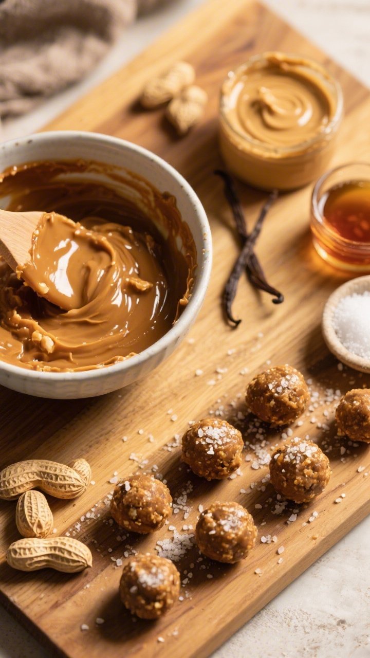 Overhead ingredients-to-assembly shot for Salted Caramel Peanut Butter Power Balls (no dates): neat mise en place on a warm wood board—natural creamy peanut butter, tahini, pure maple syrup, vanilla extract, and fine sea salt—half the frame shows a mixing bowl with the glossy caramel-peanut mixture being folded with a spatula, the other half shows formed balls sprinkled with extra sea salt; golden-toned light to evoke caramel warmth, clean editorial styling.