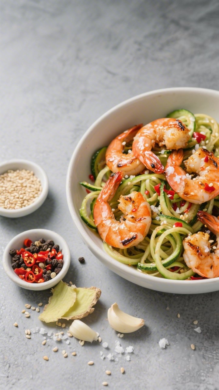 Overhead ingredients-to-finish narrative on a cool gray surface: on one side, raw large shrimp tossed with sea salt, black pepper, red pepper flakes, fresh grated ginger, and minced garlic next to a small dish of sesame seeds; on the other, a finished spicy shrimp “noodle” bowl with glossy sesame-chili zoodles (spiralized zucchini) twirled high, shrimp slightly charred at the edges, and a light avocado oil sheen. Red pepper flakes and sesame seeds sprinkled for pop; bright, fresh, spicy vibe.