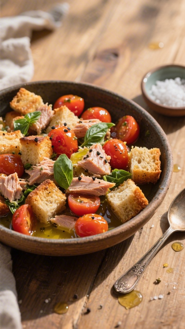 Overhead Italian-inspired panzanella moment: rustic bowl brimming with golden toasted whole-grain bread cubes, burst cherry tomatoes still glossy from the pan, and chunky flakes of tuna in olive oil. Bread visibly soaked at the edges, tomatoes slightly blistered, scattered torn basil and crack of black pepper, shimmering olive oil droplets. Styled on a sunlit wooden table with a small dish of sea salt and a vintage spoon for casual elegance.