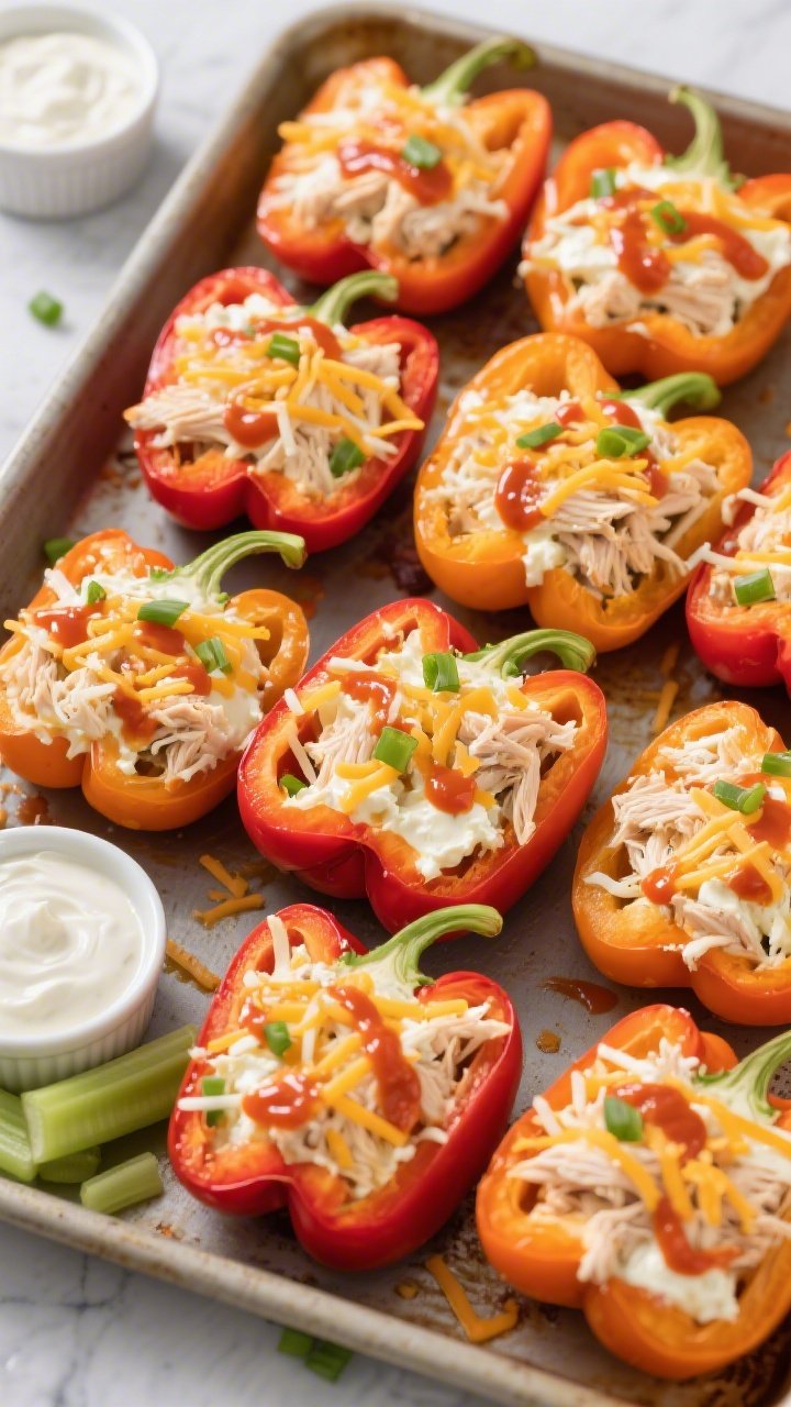 Overhead meal-prep layout for cheesy Buffalo chicken stuffed peppers: halved bell peppers filled with a creamy mix of shredded chicken, Buffalo hot sauce, and softened cream cheese, topped with shredded cheese just melted and slightly browned; extra drizzle of Buffalo sauce, sprinkle of chopped green onions, and a few celery sticks and ranch in ramekins nearby; arranged in a neat grid on a baking sheet for a meal-prep vibe; bright, appetizing color contrast of red/orange peppers and vivid toppings.