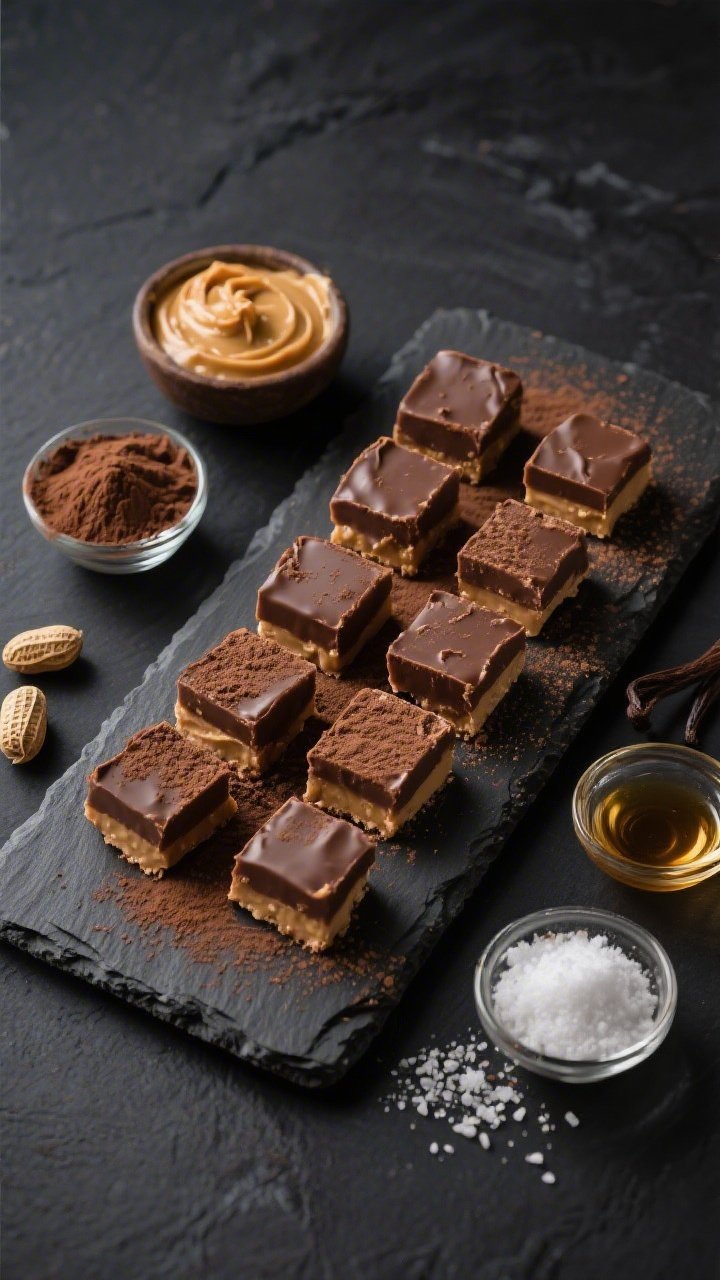 Overhead minimalistic dessert board: neat rows of no-bake chocolate peanut butter fudge bites with a velvety matte surface, dusted lightly with cocoa; small bowls of natural peanut butter, unsweetened cocoa powder, powdered erythritol/allulose, vanilla extract, and a pinch of flaky salt arranged artfully; dark slate background for rich contrast and indulgent mood.