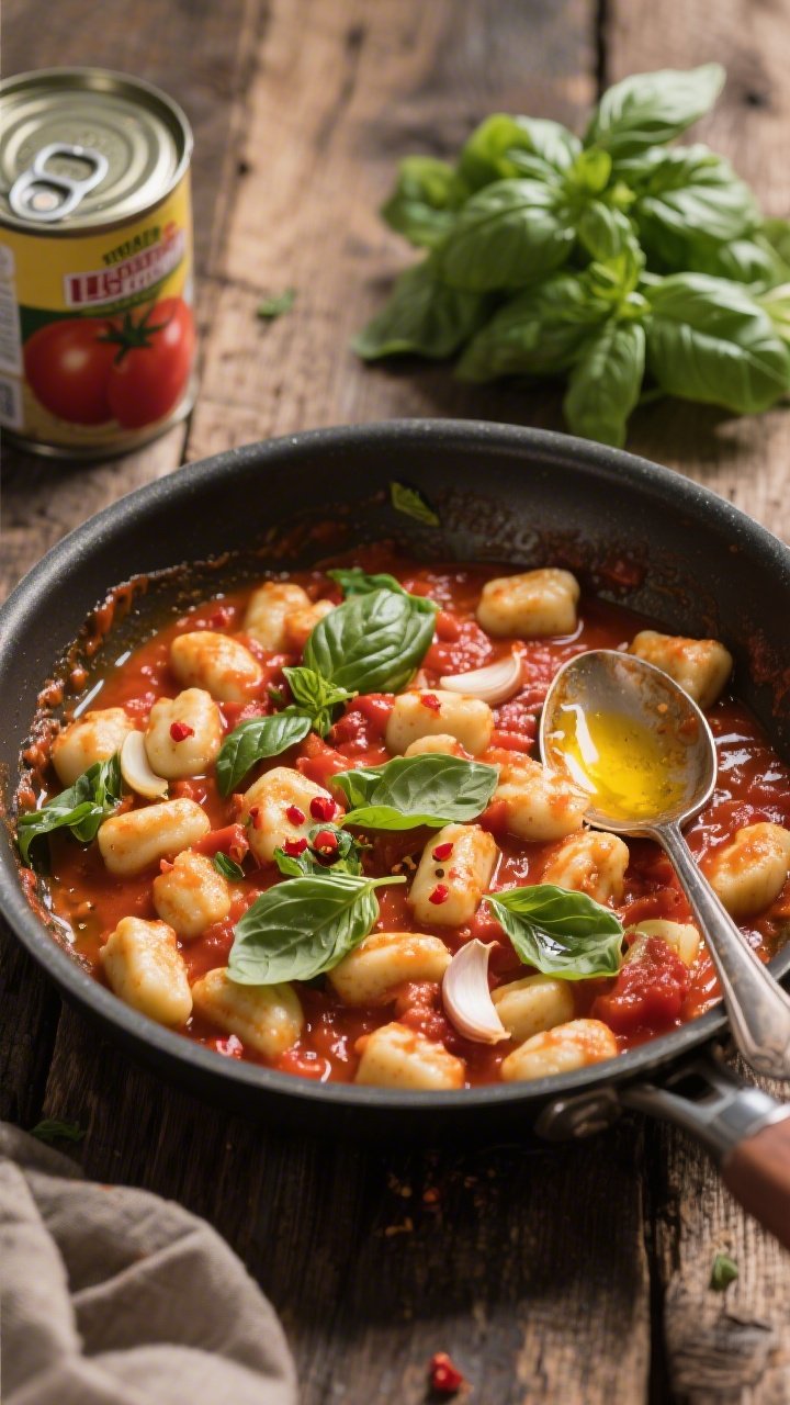 Overhead one-pan ingredient-to-dish transition: a sauté pan showing tomato basil gnocchi mid-simmer—pillowy shelf-stable gnocchi nestled in a vivid crushed tomato sauce loosened with a splash of broth, garlic slices and a few red pepper flakes visible; torn fresh basil strewn generously, a drizzle of olive oil catching the light; spoon marks revealing saucy, glossy texture; set on a rustic wooden table with an open can of tomatoes and a bunch of basil nearby.