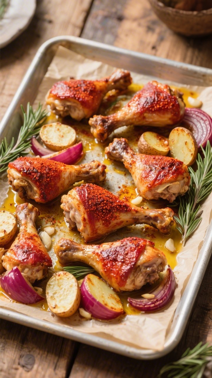 Overhead one-pan roast: Smoky Paprika Chicken with Potatoes and Red Onions on a sheet pan—six bone-in, skin-on drumsticks/thighs stained deep red from smoked paprika, garlic powder, and olive oil; baby potatoes halved with crisped edges, red onion wedges caramelized at the tips; scattered rosemary sprigs for aroma; golden rendered chicken fat pooling around; rustic parchment-lined pan on a wooden table, natural daylight to highlight char and color contrast.