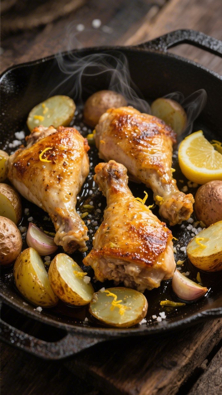 Overhead one-pan shot: golden, crispy bone-in, skin-on chicken thighs nestled among halved baby potatoes on a dark, well-seasoned cast-iron skillet; visible lemon zest and glistening lemon wedges, minced garlic bits caramelized on the chicken skin, a glossy olive oil and Dijon sheen, scattered kosher salt crystals; steam rising, rustic wood surface, moody natural side light, emphasizing crackly skin and roasted potato edges.