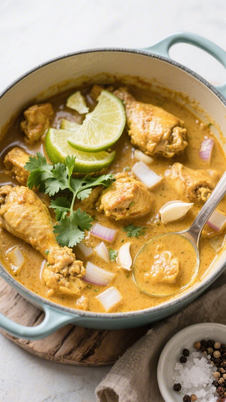 Overhead one-pot curry in enamel Dutch oven: coconut-lime chicken curry with bite-size boneless thigh pieces, creamy coconut broth tinted golden, diced onion and tender garlic visible, lime wedges and zest curls on top, fresh cilantro scattered; heat-kissed edges, spoon resting in pot, a small dish of kosher salt and cracked black pepper nearby; tropical, aromatic warmth.