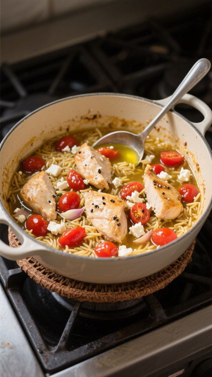 Overhead one-pot scene of chicken and orzo: bite-size pieces of chicken (breasts or thighs) nestled in brothy, glossy orzo studded with burst cherry tomatoes and crumbles of feta. Threads of minced garlic visible, seasoned with kosher salt and black pepper, finished with a drizzle of olive oil. The pot sits center-frame on a stovetop trivet, ladle partially immersed, vibrant reds and creamy feta contrast against the golden orzo.