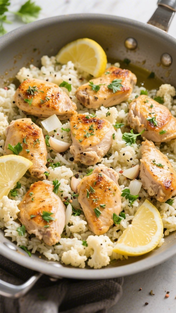 Overhead one-pot scene of lemon herb chicken and cauliflower rice pilaf: bite-sized boneless chicken thigh pieces seared golden, tossed with fluffy cauliflower rice, diced onion, garlic powder, dried oregano, sea salt, and black pepper. Lemon wedges and zest scattered for brightness; fresh herbs (parsley) for a pop of green. Everything nestled in a single, wide sauté pan with a light olive oil gloss, conveying a vibrant, weeknight-friendly finish.