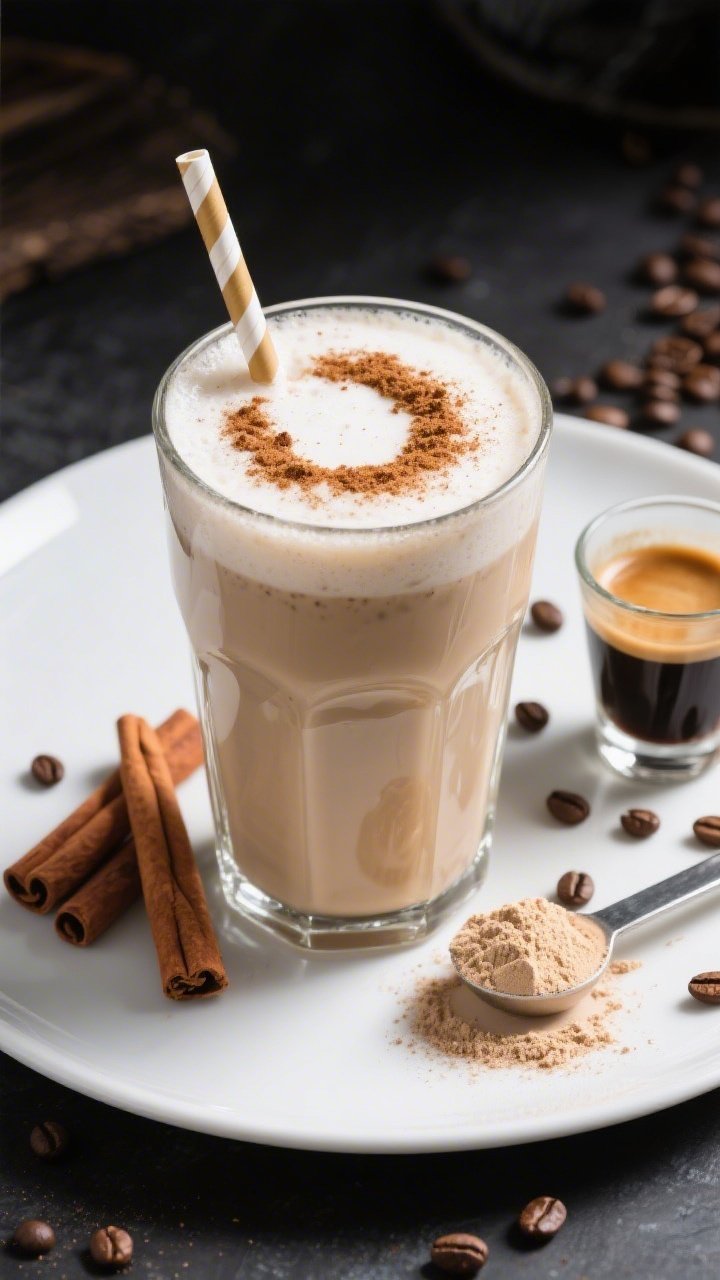 Overhead plated beverage scene of a protein-packed cinnamon coffee slim shake: thick, creamy shake in a chilled glass with a light froth, made from unsweetened almond or dairy milk, strong cold brew coffee, vanilla protein powder (20–25 g), and ground cinnamon; cinnamon dust ring on top, a straw, and a small heap of protein powder with scoop beside; espresso shot glass and coffee beans scattered; cool, high-contrast fitness aesthetic.