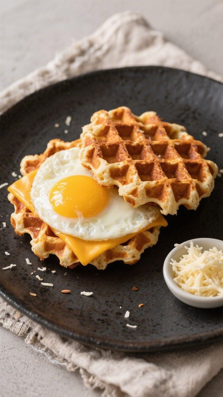 Overhead plated composition of a crispy chaffle breakfast sandwich: two lacy, golden cheese waffles (chaffles) enclosing a freshly fried egg with a runny yolk; the waffle surface shows browned cheese frills from shredded mozzarella/cheddar, with notes of almond flour and baking powder for structure; minimal garnish, small dish of grated cheese on the side, set on a dark ceramic plate over a linen napkin, emphasizing crunch, melted cheese edges, and yolk richness.