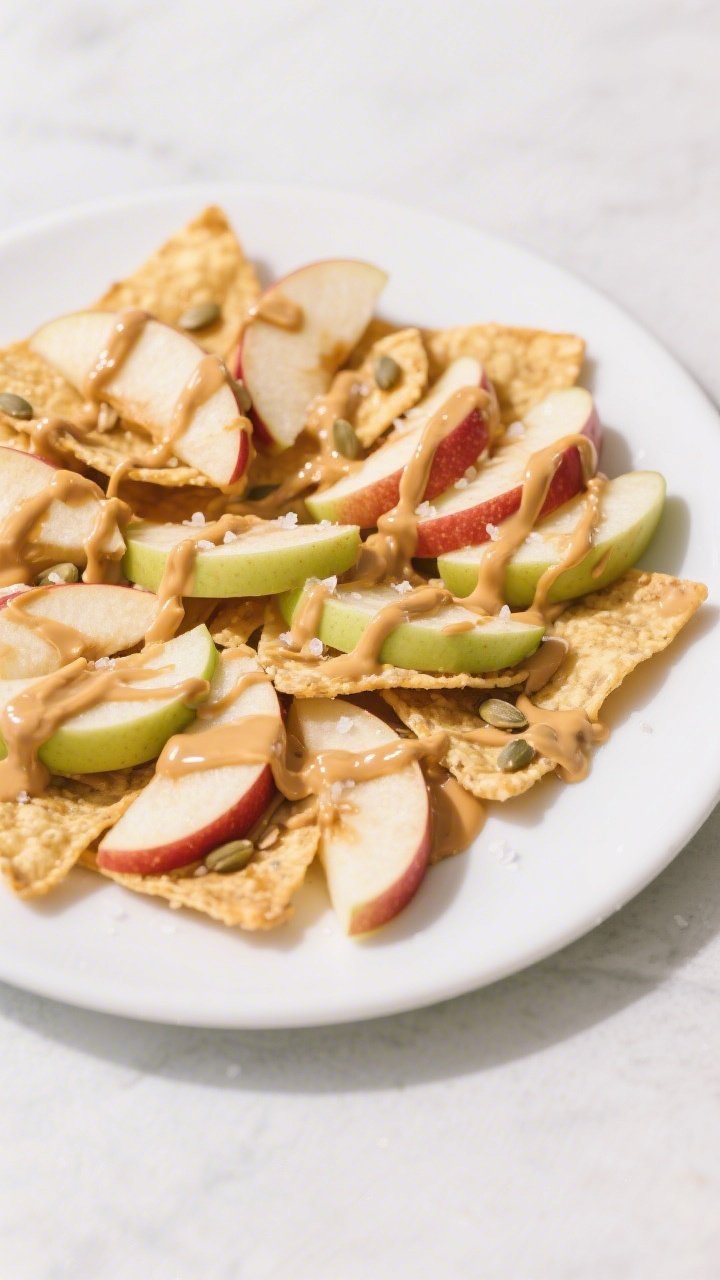 Overhead plated composition of Quick Apple Nachos with Peanut Butter Drizzle: thinly sliced Honeycrisp apple fanned across a large white plate, drizzled with silky natural peanut butter thinned with warm water, accented with a light ribbon of honey; seeds or a pinch of sea salt optional for sparkle; crisp green-red apple skin contrasts with golden peanut butter; bright, inviting light for a fresh snack vibe.