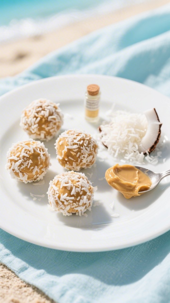 Overhead plated presentation of Almond Joy–Style Peanut Butter Bites: coconut-forward balls coated in fine, lightly toasted unsweetened shredded coconut with a soft golden tint, subtle peanut butter peeking through, vanilla notes implied by a tiny vial; a small mound of coconut and a spoonful of peanut butter to the side; bright beachy light, white plate on pale blue linen for a tropical, clean mood, extreme detail on coconut flake texture.