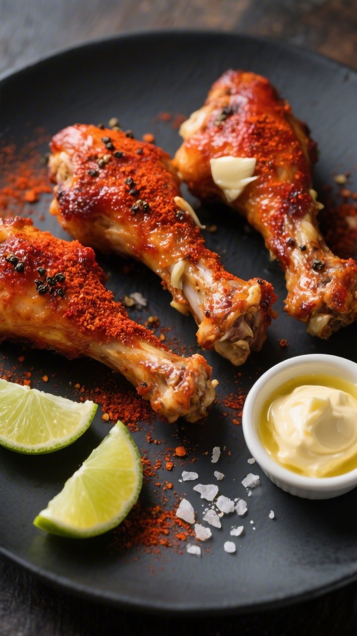 Overhead plated presentation of smoky paprika drumsticks with garlic-lime butter melting over the hot skin: deep red-orange rub from smoked and sweet paprika, speckled with black pepper, garlic powder, and onion powder. Lime wedges and a small ramekin of melted garlic-lime butter on the side, flaky salt sprinkled to finish. Served on a matte dark platter for color contrast, rustic mood with warm highlights to showcase sheen and crisp skin.
