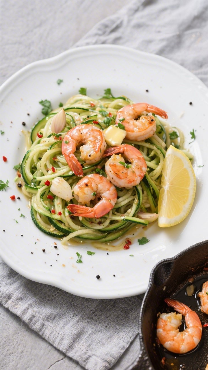 Overhead plated presentation of zesty shrimp “scampi” over garlicky zoodles: glossy, pink large shrimp tossed with garlic, olive oil, butter, a squeeze of lemon, and a pinch of red pepper flakes, piled atop vibrant green zucchini noodles glistening with garlicky sauce. Garnished with chopped parsley, cracked black pepper, and lemon wedges on the side. Light, fresh Mediterranean mood on a white ceramic plate set over a cool gray linen; a small skillet with remaining shrimp and pan juices off to the corner.