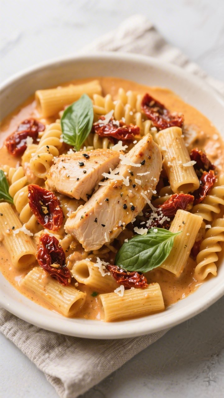 Overhead plated scene of creamy sun-dried tomato chicken pasta: short pasta (rigatoni and fusilli mix) swirled in a velvety sun-dried tomato cream sauce, tender 1-inch chicken breast pieces seasoned with Italian seasoning, specks of black pepper and kosher salt, ribbons of basil and a light Parmesan shower; warm golden tones, glossy sauce pooling in the pasta’s ridges, served in a wide cream bowl on a linen napkin.