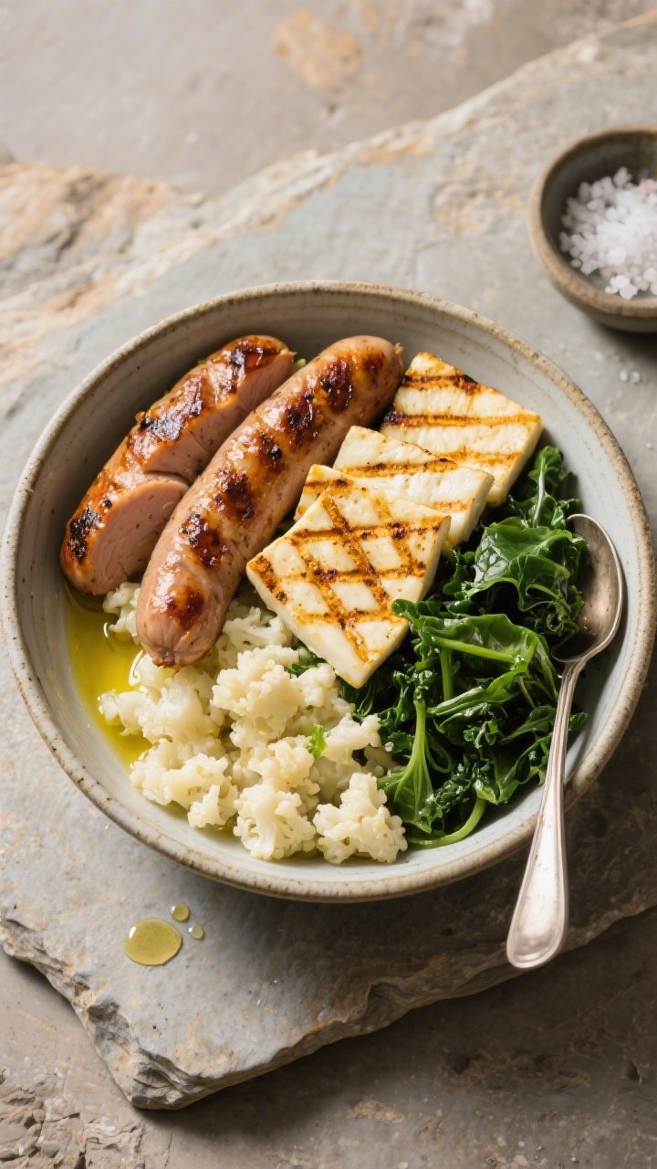 Overhead power bowl assembly: sliced chicken sausage seared with caramelized edges, grilled halloumi planks with golden grill marks, a base of riced cauliflower sautéed in olive oil, and chopped baby spinach/kale slightly wilted; components arranged in a wide ceramic bowl with a spoon, olive oil drizzle catching light; set on a stone surface with a small dish of flaky salt; vibrant, hearty, and protein-forward.
