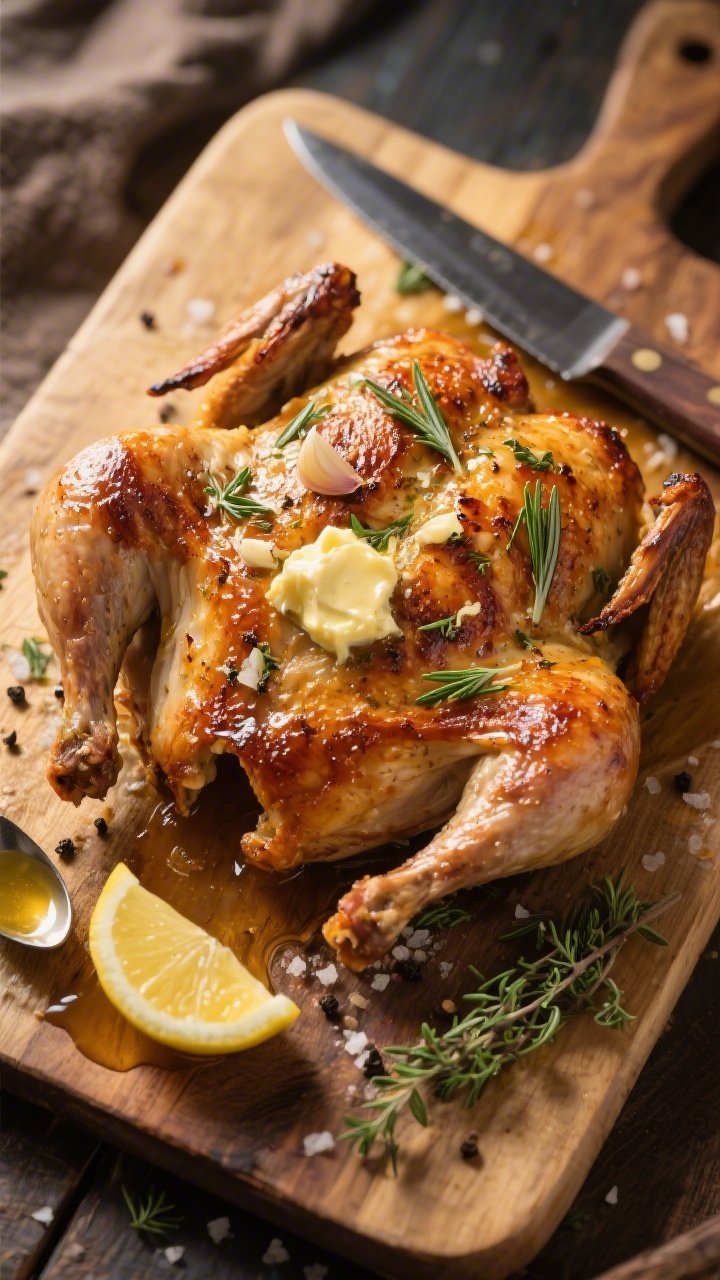 Overhead rustic carving board of Herb-Butter Roasted Spatchcock Chicken: whole bird flattened and deeply bronzed, skin bubbling and lacquered with softened butter mixed with grated garlic, chopped fresh rosemary and thyme; visible crackly skin, coarse salt and black pepper flecks; sliced lemon and a small pool of shimmering pan juices for spooning; carving knife nearby, a sprig of thyme on the board; warm, golden light to emphasize roasted tones and herb detail.