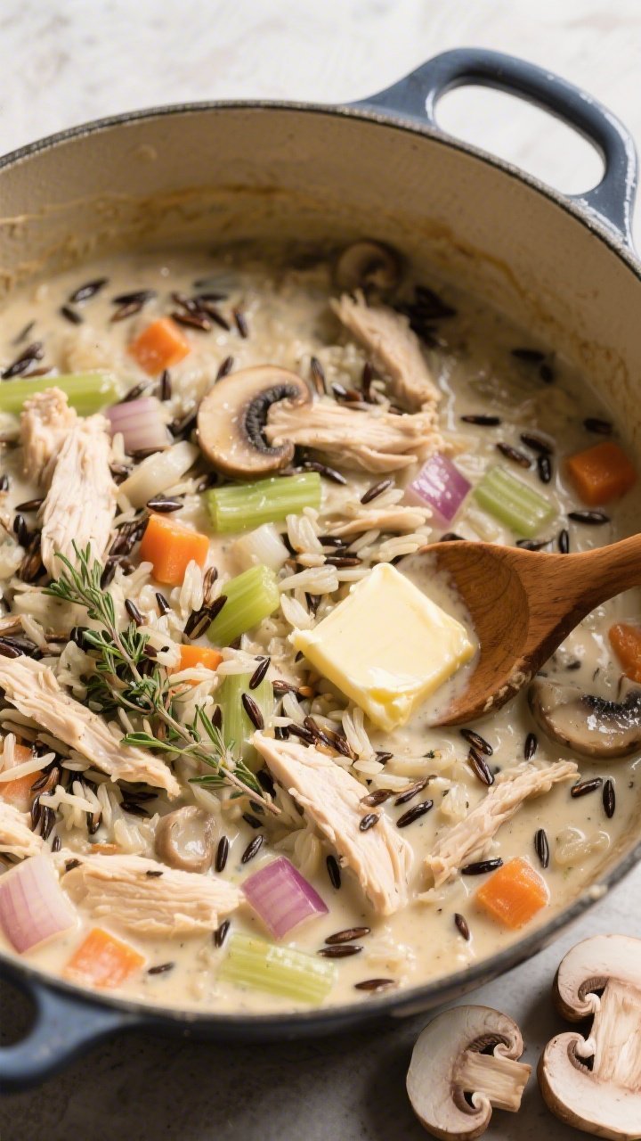 Overhead rustic pot shot of Classic Creamy Chicken and Wild Rice: creamy base with diced onion, carrots, celery, sliced cremini mushrooms, and shredded chicken thighs folded into tender wild rice; specks of black pepper and thyme visible, buttered sheen on the surface; photographed in a Dutch oven with a wooden ladle, pats of butter and sliced mushrooms styled nearby; hearty, homestyle, softly lit to emphasize velvety texture.