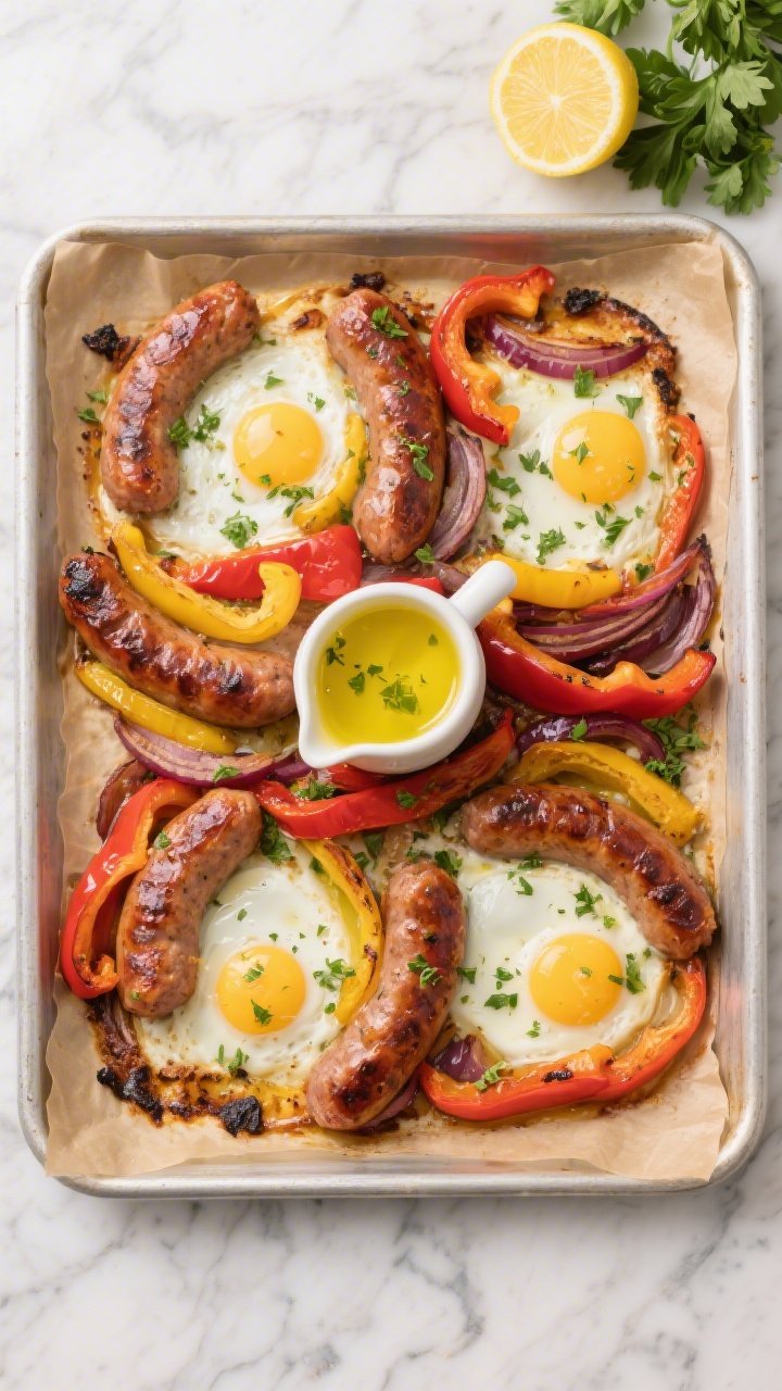 Overhead sheet-pan composition of Sausage, Peppers & Eggs with Lemon-Herb Drizzle: coins of uncooked Italian sausage roasted until caramelized, ribbons of red and yellow bell peppers and sliced red onion blistered at the edges, all glistening with olive oil; four nest spaces holding just-set baked eggs with runny yolks; a small pitcher mid-frame with a bright lemon-herb drizzle (olive oil, lemon zest, chopped parsley) lightly scattered over the pan; charred bits for texture, warm color palette, placed on a parchment-lined rimmed tray over a marble counter with lemon halves and fresh parsley sprigs; crisp, editorial food styling.
