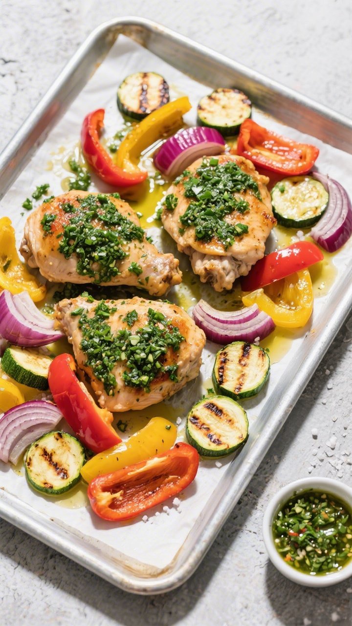 Overhead sheet-pan flat lay: chimichurri chicken and veggies fresh from the oven—juicy boneless, skinless chicken thighs draped with vibrant green chimichurri; colorful mix of sliced red and yellow bell peppers, red onion wedges, and zucchini half-moons, edges charred; a drizzle of olive oil and a pinch of kosher salt visible; served on parchment-lined metal sheet pan over a concrete surface, bright, zingy vibe with a small ramekin of extra chimichurri at the corner.
