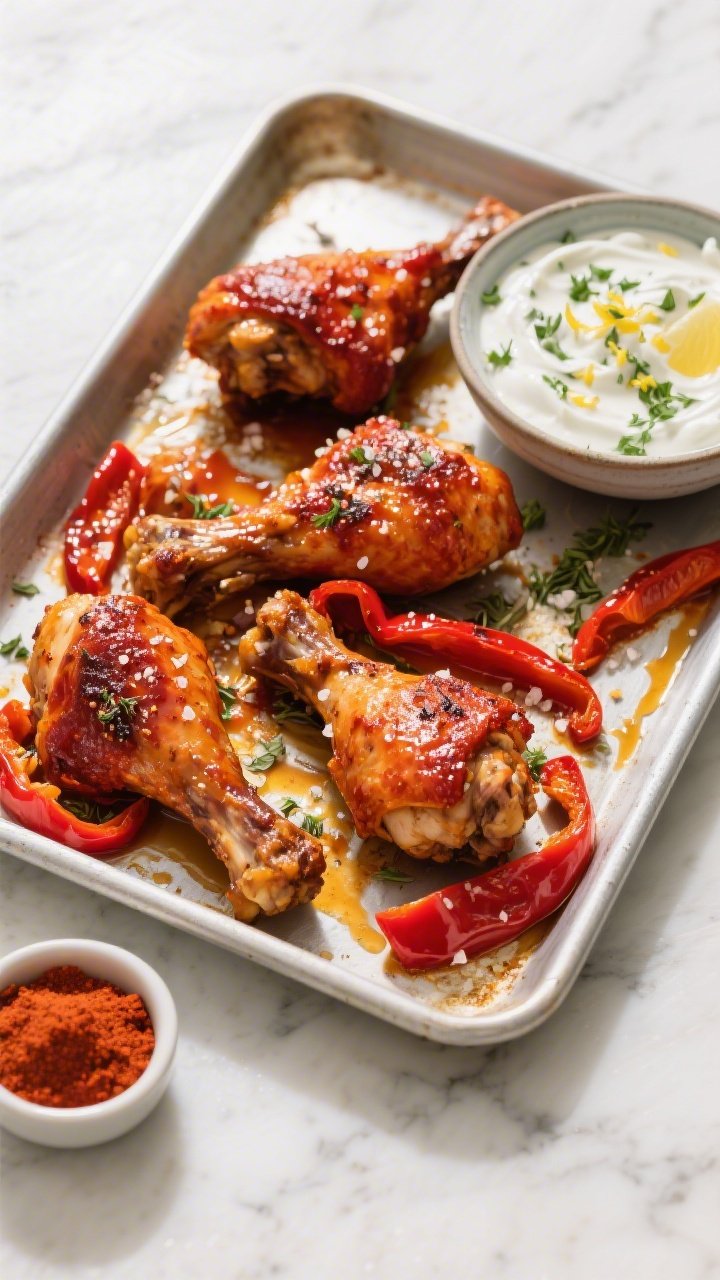Overhead sheet-pan harissa chicken: bone-in chicken legs glazed in a fiery red harissa-honey-olive oil mixture, roasted with strips of sweet peppers. Sprinkled ground coriander and flaky salt visible on the chicken skin; caramelized pepper edges. Served with a side bowl of herby yogurt (speckled with chopped herbs and lemon zest), a drizzle trail leading to the pan. Set on a light marble surface with a small dish of harissa paste. Vibrant daylight to highlight bold North African colors.