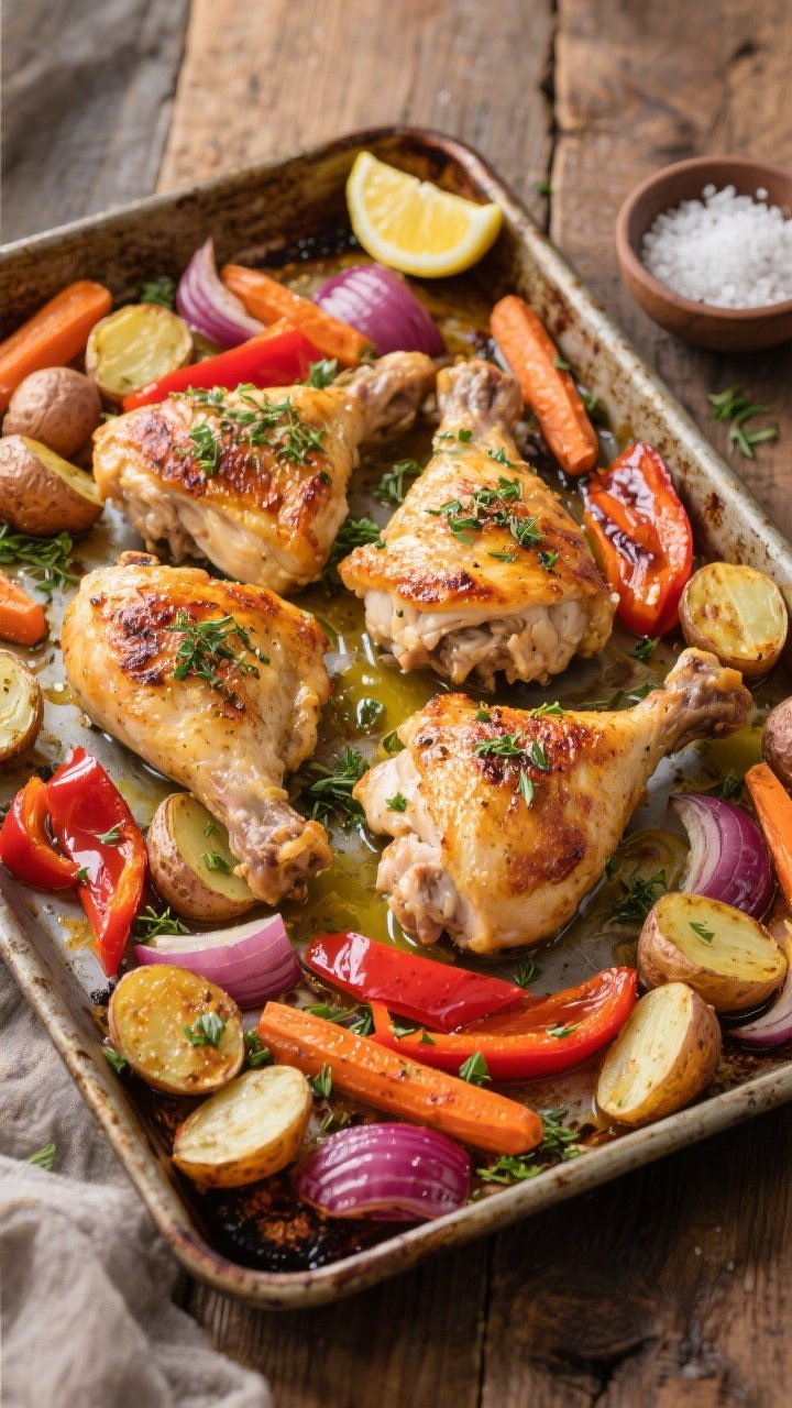 Overhead sheet-pan herb chicken and veggies straight from the oven: bone-in, skin-on chicken thighs with blistered, herbed, golden skin nestled among halved baby potatoes, chunky carrots, red bell pepper strips, and red onion wedges; glistening olive oil and scattered chopped herbs, caramelized edges on vegetables; set on a rustic baking tray atop a wooden table, with a small bowl of flaky salt and lemon wedges for brightness.