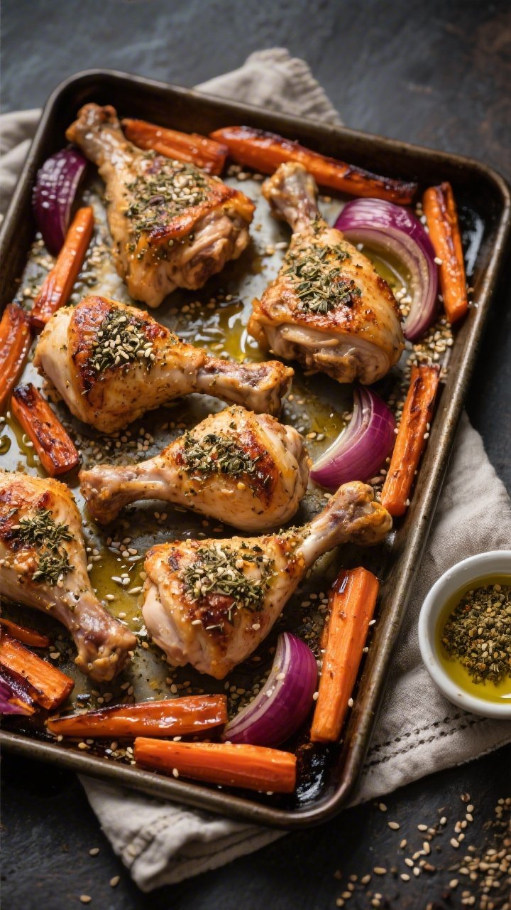 Overhead sheet-pan scene for Za’atar Chicken With Caramelized Veggies: six bone-in, skin-on chicken thighs rubbed with za’atar, kosher salt, black pepper, and olive oil, surrounded by caramelizing carrot sticks and red onion wedges; za’atar speckles and sesame seeds visible; edges of veggies browned and glossy; sheet pan on a linen towel, small bowl of za’atar and a drizzle of olive oil on the side; earthy, Middle Eastern vibe with moody, directional light emphasizing roasted textures.