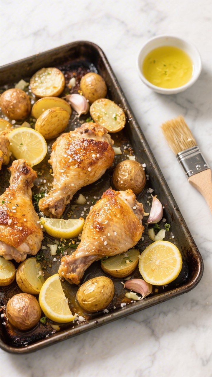 Overhead sheet-pan scene: golden, ultra-crispy bone-in, skin-on chicken thighs nestled among halved baby gold potatoes, lemon slices and zest scattered, minced garlic visible on blistered skins, a glossy olive oil and Dijon sheen, finished with kosher salt flakes; baked on a dark metal sheet pan over a light marble surface, small bowl of lemon juice and a brush with garlicky oil on the side; bright, zesty mood, high contrast, natural window light.