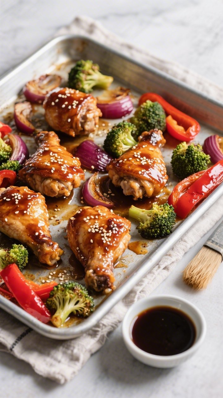 Overhead sheet-pan scene: honey-soy glazed chicken thigh chunks roasted alongside vibrant veggies. The pan features caramelized edges on broccoli florets, red bell pepper strips, and red onion wedges, all lightly glossed with neutral oil. Lacquered chicken pieces show sticky, amber sheen from honey-soy, sesame seeds sprinkled sparingly. The metal sheet pan sits on a linen with a small bowl of the dark, glossy sauce to the side and a brush resting. Clean, high-contrast lighting to emphasize roasted textures and color pop.