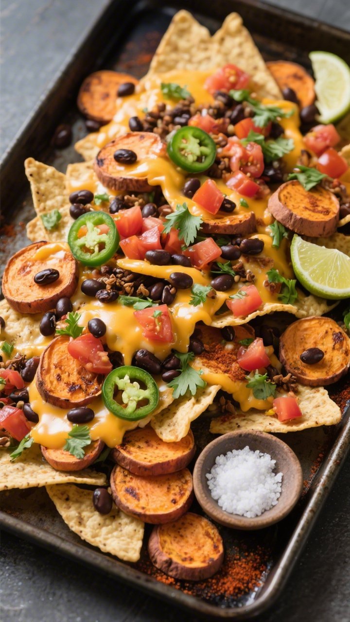 Overhead sheet-pan scene of loaded sweet potato nachos: 1/4-inch sweet potato rounds roasted to caramelized edges, tossed in olive oil, chili powder, ground cumin, and smoked paprika, arranged in overlapping layers; topped with melted cheese, black beans, jalapeño slices, diced tomatoes, and cilantro; lime wedges and a pinch bowl of kosher salt nearby, vibrant color contrast on dark metal pan, high-crisp detail
