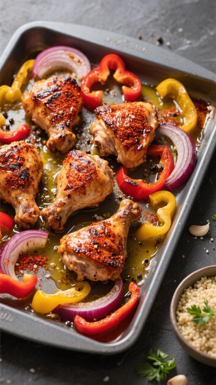 Overhead sheet-pan scene of smoky paprika chicken thighs surrounded by sliced red and yellow bell peppers and red onion crescents; everything glossed with olive oil, dusted with paprika, black pepper, and kosher salt; charred edges on peppers and onions for sweetness; a small bowl of fluffy garlicky couscous off to the side with parsley flecks; bright, high-contrast light to emphasize vivid reds and yellows; minimalist slate background for color pop.