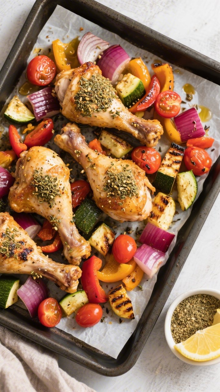 Overhead sheet-pan scene of za’atar chicken with roasted veggie confetti: bone-in chicken legs coated in za’atar, cumin, olive oil, kosher salt, and black pepper, surrounded by a colorful mix of cubed red onion, bell peppers, zucchini, and cherry tomatoes; edges of vegetables slightly charred, za’atar speckling visible; pan set on parchment over a dark baking tray, a small dish of za’atar and lemon wedges at the corner, bright Middle Eastern vibe.