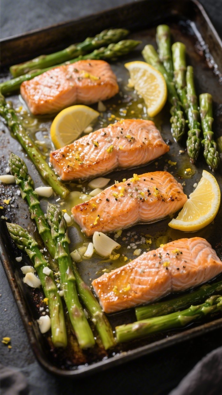 Overhead sheet-pan shot of lemon-garlic butter salmon with crispy asparagus: four skin-on salmon fillets nestled among trimmed asparagus spears on a dark metal sheet pan, glistening with melted unsalted butter and extra-virgin olive oil, visible minced garlic, flecks of lemon zest, and fresh lemon wedges for squeezing; golden edges on asparagus tips, salmon slightly caramelized, sea salt and cracked pepper sprinkled; moody natural side light, shallow shadows, crisp textures, no people.