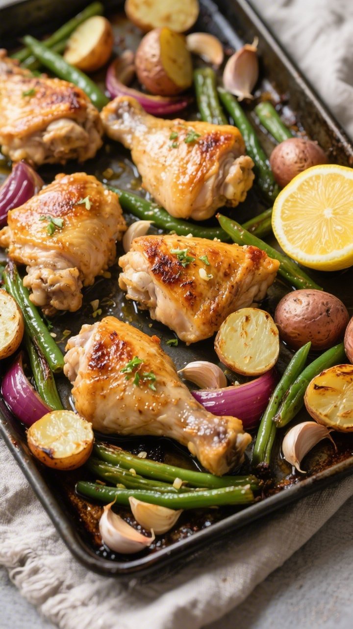 Overhead sheet-pan shot of lemon garlic chicken thighs with blistered veggies: golden-browned boneless skinless chicken thighs nestled among halved baby potatoes, bright green beans, and red onion wedges, glistening with olive oil, lemon zest, and lemon juice, visible smashed garlic cloves scattered, caramelized edges on potatoes, a halved lemon on the side, on a dark metal sheet pan atop a rustic linen, crisp, high-contrast lighting to emphasize textures and the lemony sheen.