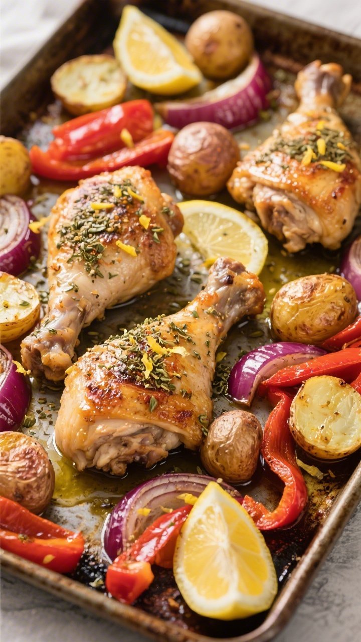 Overhead sheet pan za’atar chicken dinner: bone-in, skin-on chicken thighs roasted alongside halved baby potatoes, red onion wedges, and red bell pepper strips; everything glistening with olive oil, visibly dusted with za’atar and flecked with lemon zest; thin lemon slices tucked among the vegetables; caramelized edges, rustic baking sheet patina, bright Mediterranean energy.