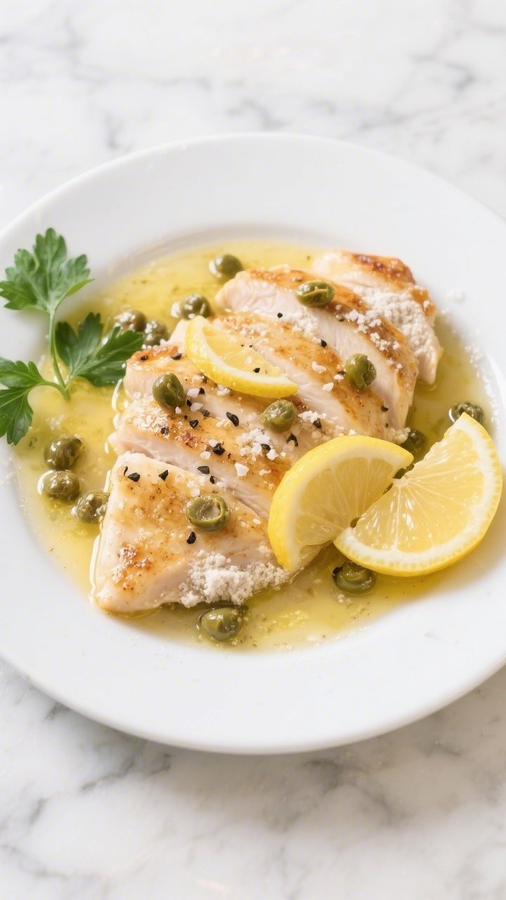 Overhead shot of 15-minute lemon butter chicken piccata plated on a shallow white dish: thin-sliced chicken cutlets lightly dredged in all-purpose flour, seared in olive oil and butter, bathed in glossy lemon-butter sauce with visible lemon slices and capers, sprinkled with kosher salt and cracked black pepper; serve with a few parsley leaves and a lemon wedge on a marble surface, bright, zesty, restaurant-fancy mood, crisp highlights on the silky sauce, no people.