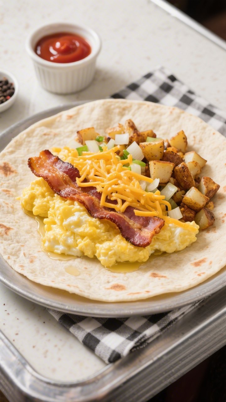 Overhead shot of a classic diner-style breakfast burrito being assembled on a warm flour tortilla: crispy thick-cut bacon strips, soft scrambled eggs (from 8 large eggs) glistening with a touch of butter, finely chopped yellow onion sautéed until translucent, golden diced russet potato hash, and a generous mound of shredded sharp cheddar melting into the eggs. Place a small ramekin of ketchup and black pepper nearby, on a chrome diner-style countertop with a checkered napkin. Bright morning light, clean shadows, crisp textures, no people.