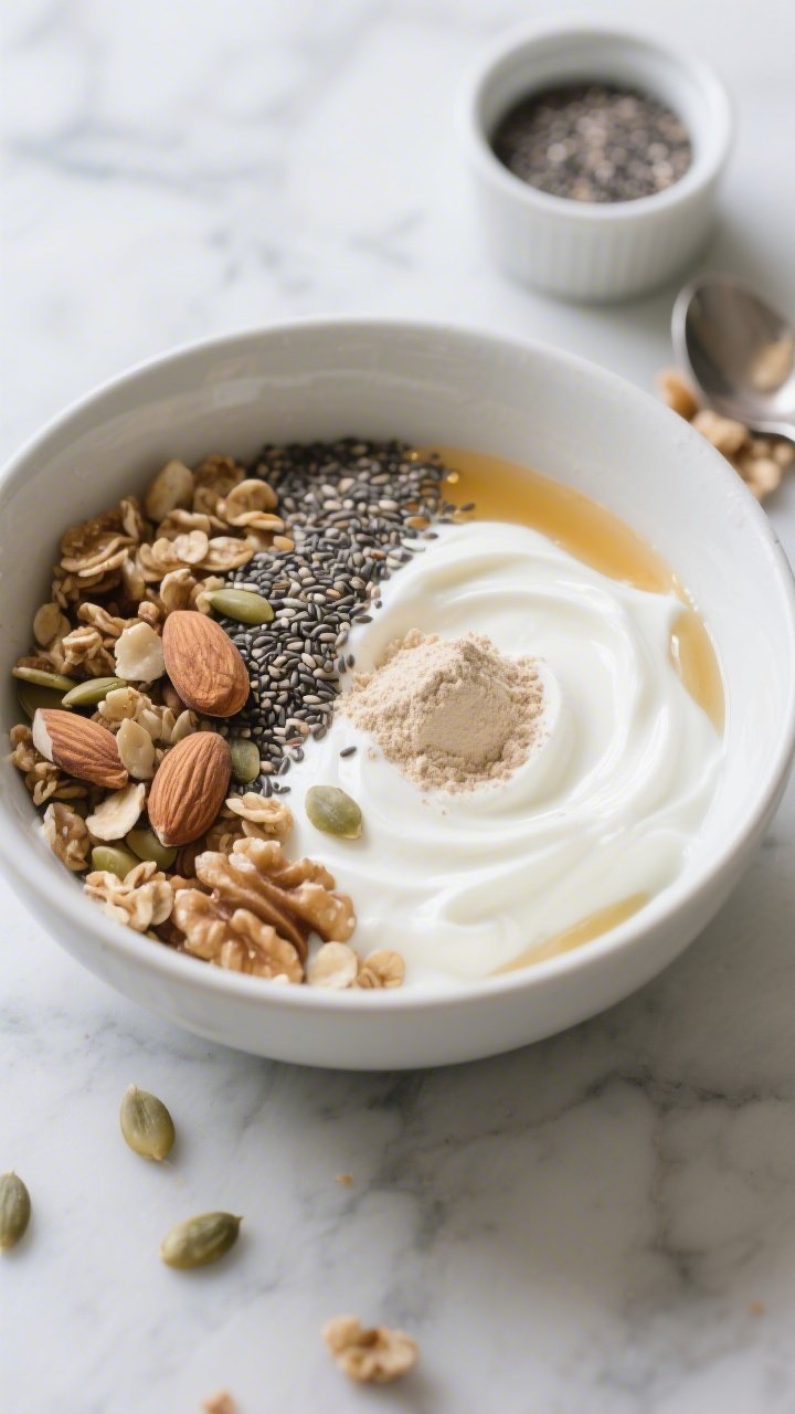 Overhead shot of a creamy Greek yogurt power bowl in a matte white ceramic bowl: 3/4 cup plain Greek yogurt swirled with a scoop of vanilla protein powder for extra body, topped with a “granola” mix of 1 tablespoon chia seeds and 2 tablespoons chopped nuts (almonds and walnuts), a few scattered pumpkin seeds for crunch, and a light drizzle of honey optional; cool-toned marble surface, minimal styling with a small ramekin of chia seeds and a spoon with nut fragments, soft morning light, focus on glossy yogurt and crunchy textures, no people.