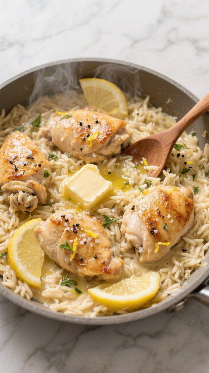 Overhead shot of a creamy lemon garlic chicken orzo in a wide, shallow skillet: bite-sized boneless skinless chicken thighs seared golden, orzo nestled in a glossy sauce with visible lemon zest, cracked black pepper, and Italian herb flecks; a knob of melting unsalted butter and a drizzle of olive oil sheen; garnished with thin lemon slices and extra kosher salt flakes; set on a light marble surface with a wooden spoon resting in the pan, steam gently rising, cozy “fancy night in” mood.
