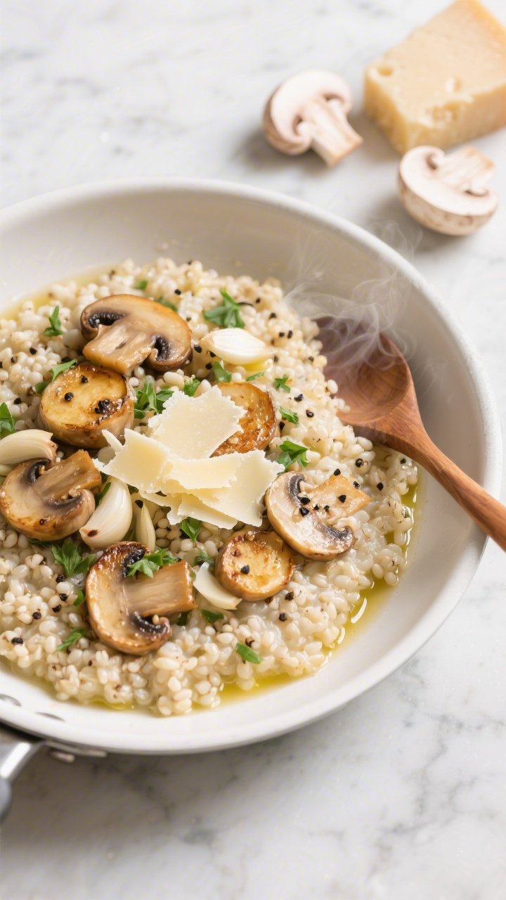 Overhead shot of a creamy “risotto” quinoa in a shallow white skillet: pearly quinoa simmered in vegetable or chicken broth with a glossy finish from olive oil and butter, topped with golden-browned sliced cremini/mixed mushrooms and minced garlic, ribbons of freshly grated Parmesan melting in, flecks of black pepper, and a sprinkle of chopped parsley; a wooden spoon nestled in, steam visible, styled on a light marble surface with a wedge of Parm and a few raw cremini caps nearby.