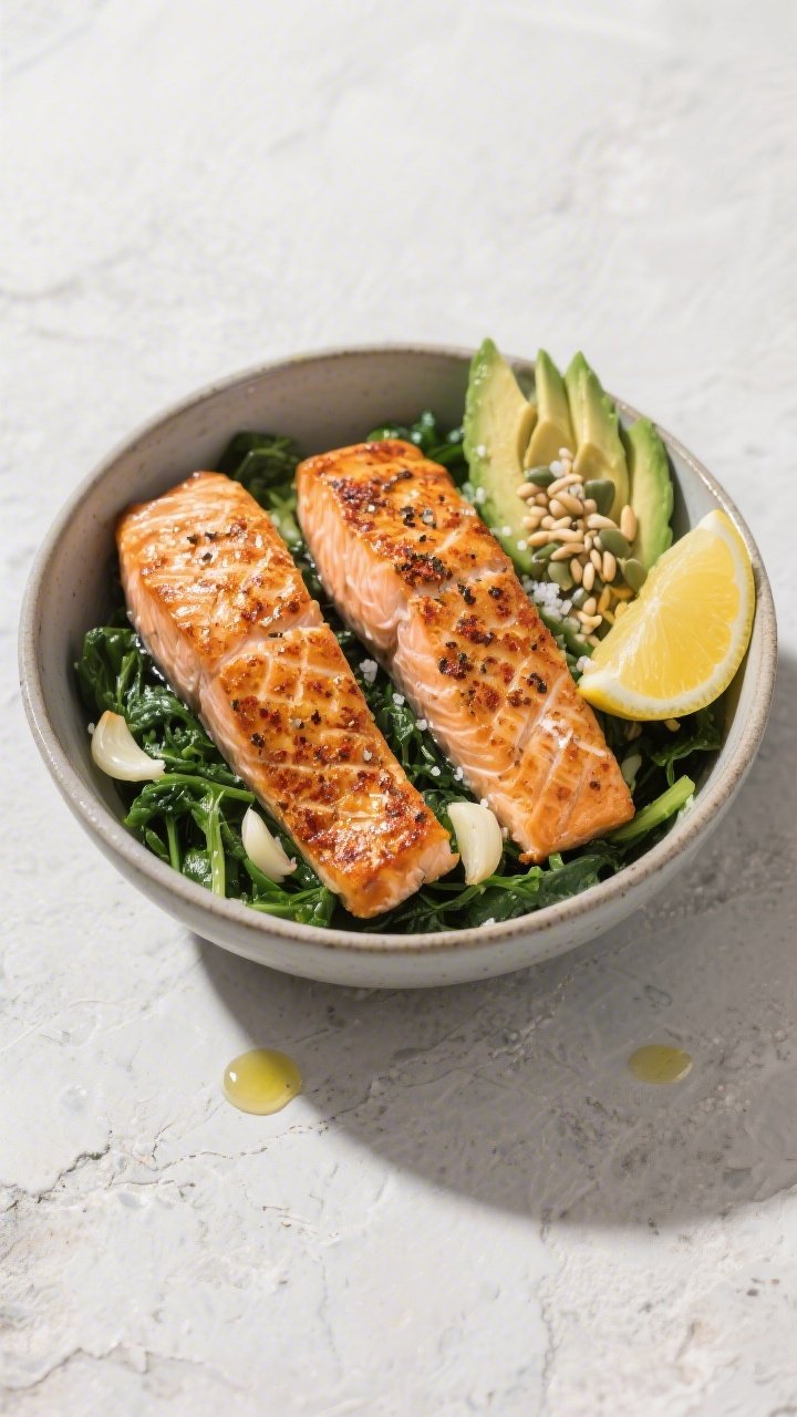 Overhead shot of a crispy salmon bowl: two skin-on salmon fillets seared to golden, crackly skin with smoked paprika and black pepper, flaked over garlicky sautéed greens, ripe avocado fan with crunchy seed topping, lemon wedge, and a sprinkle of kosher salt; served in a matte ceramic bowl on a light stone surface, olive oil sheen catching the light, minimal props for a clean, modern low-carb vibe.