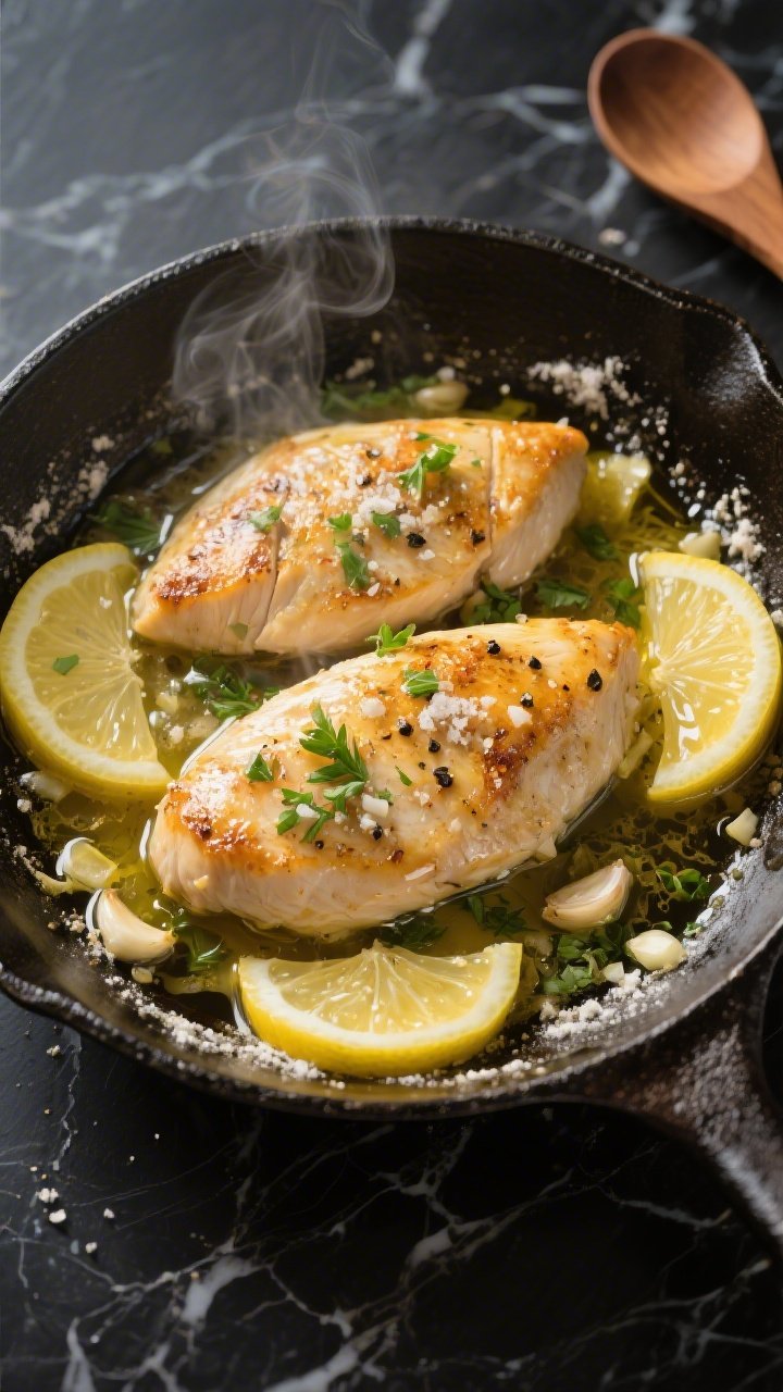 Overhead shot of a garlicky lemon butter chicken skillet on a cast-iron pan: pounded boneless skinless chicken breasts seared golden, glistening in melted unsalted butter with olive oil, speckled with kosher salt, black pepper, and garlic powder, lightly dusted flour forming a delicate crust; thin lemon slices and a squeeze of fresh lemon juice pooling into a glossy pan sauce with minced garlic; garnished with chopped parsley, served on a dark marble surface with a wooden spoon and lemon halves, steam visible, high-contrast, moody lighting.